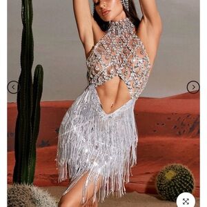 Elegant Silver Mini Dress with Fringe Detailing